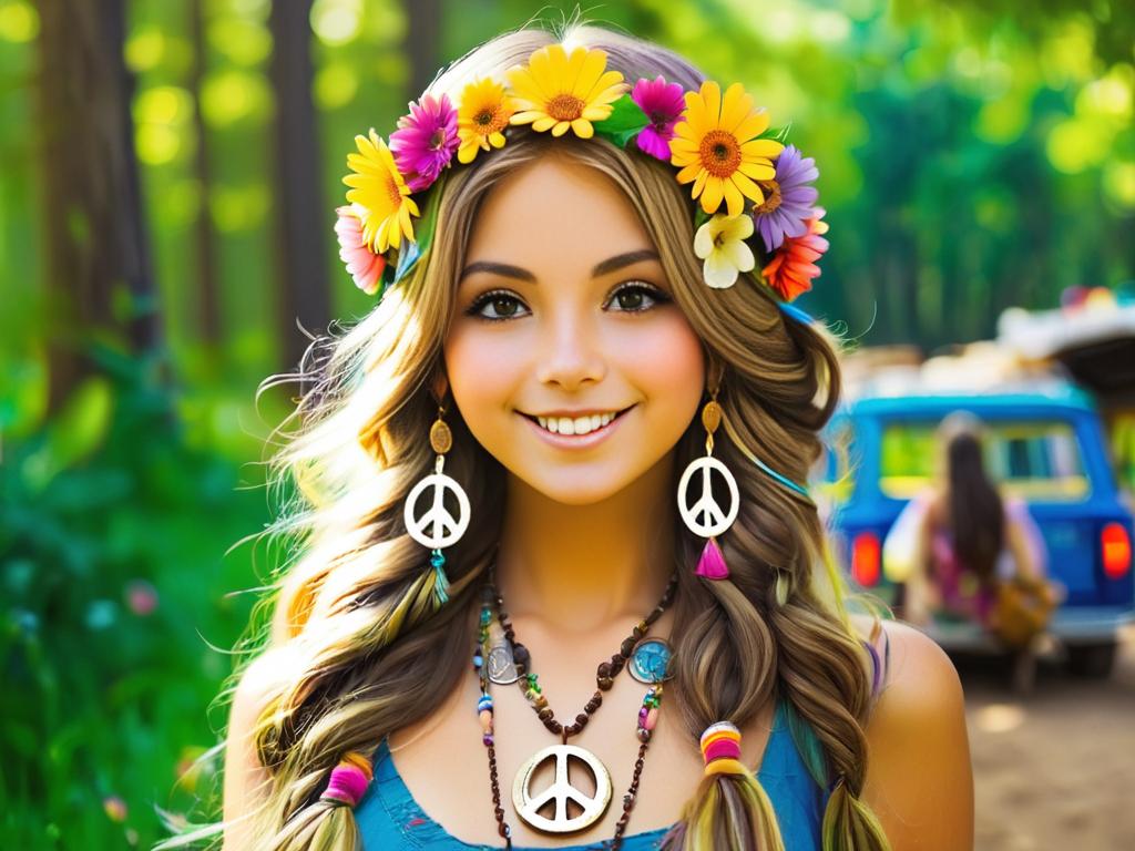 Девушка-хиппи в цветах в волосах и с кулоном со знаком мира