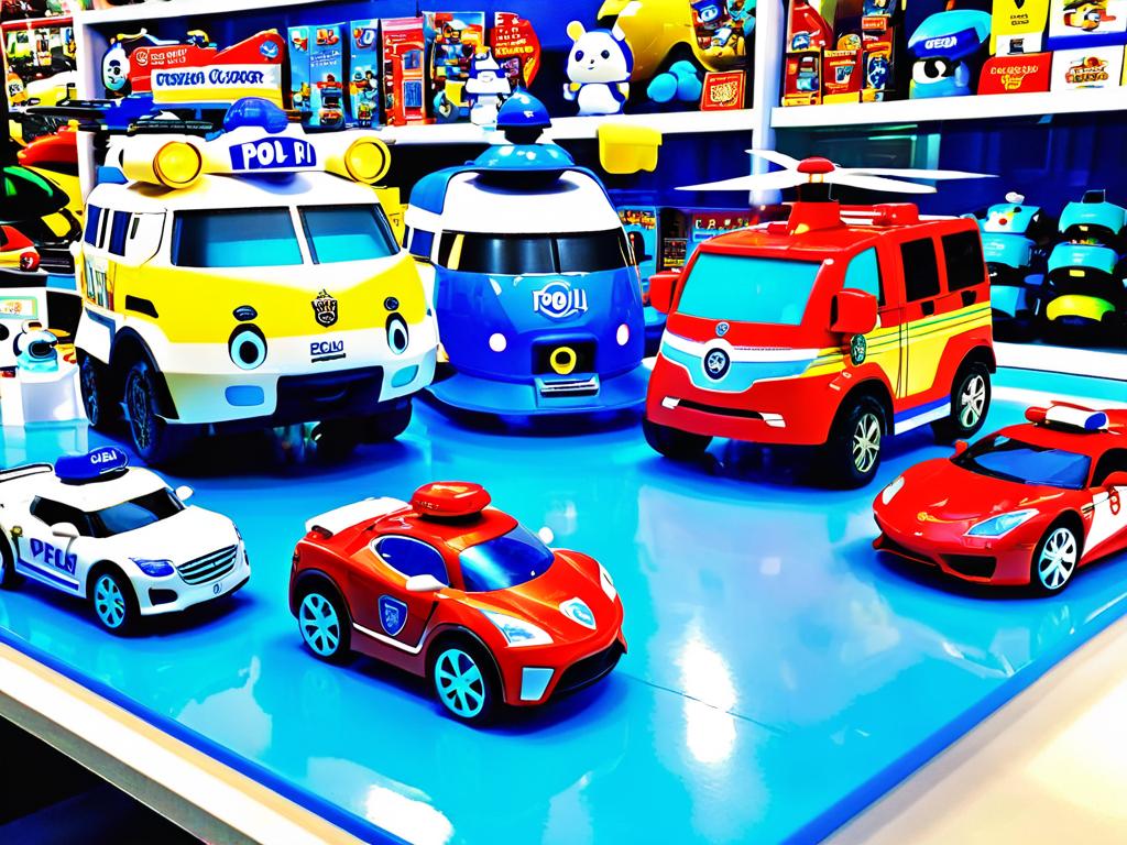 На фото представлены разные игрушки Робокар Поли - вертолет, пожарная машина, полицейская машина,