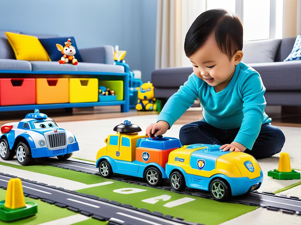 На фотографии ребенок играет с игрушками Робокар Поли - машинками, гоночной трассой. Иллюстрирует