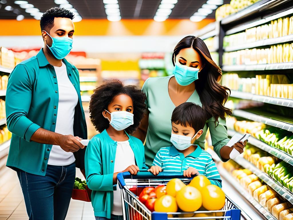 Семья из четырех человек в медицинских масках делает покупки в магазине