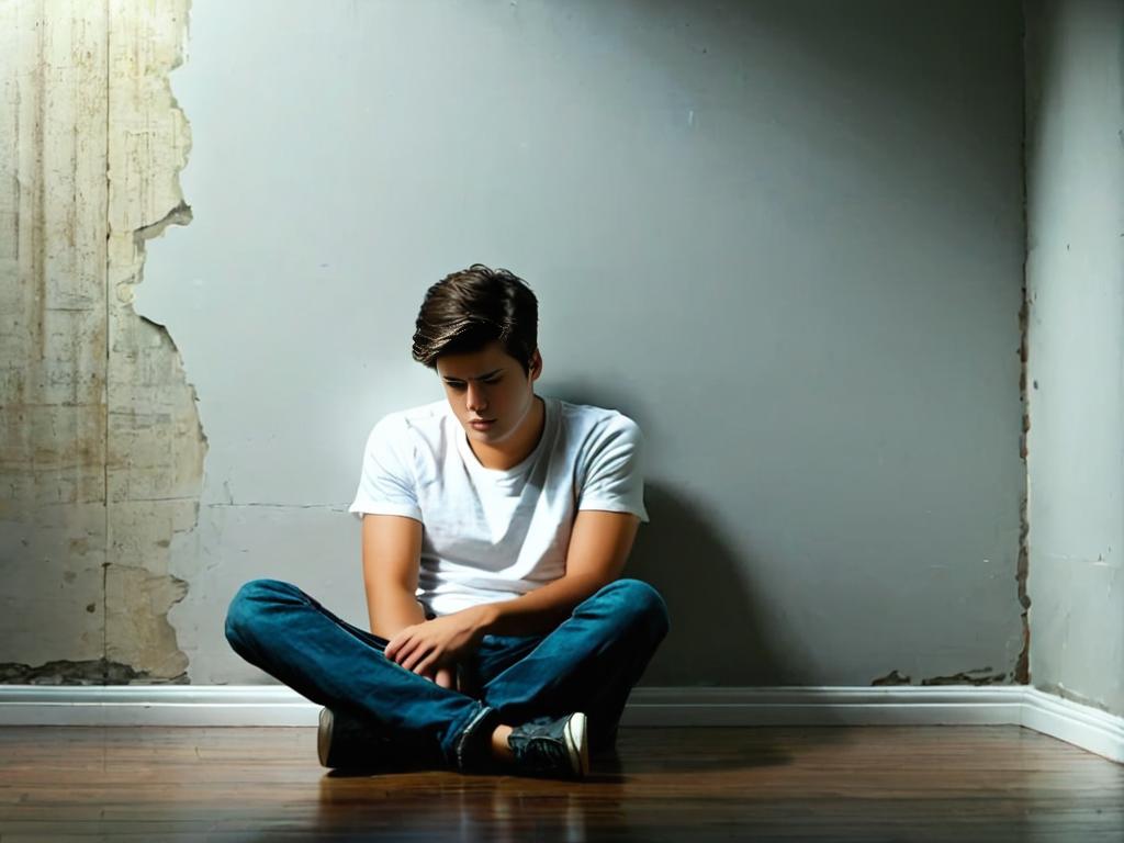 Молодой мужчина сидит на полу у стены, выглядит подавленным