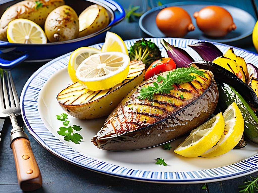 Запеченный картофель, гриль овощи и лимонные дольки подаются к жареной рыбе
