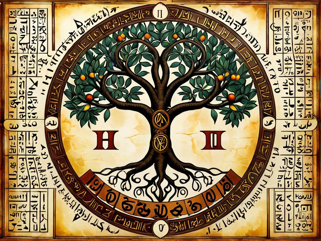 Символ древа жизни каббалы с еврейскими буквами