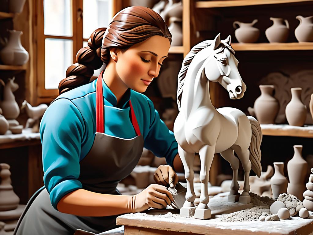 Мастерица лепит глиняную фигурку лошадки в традиционной русской мастерской