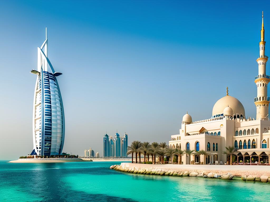 Панорама Дубая с Бурдж Аль Араб и мечетью Джумейра
