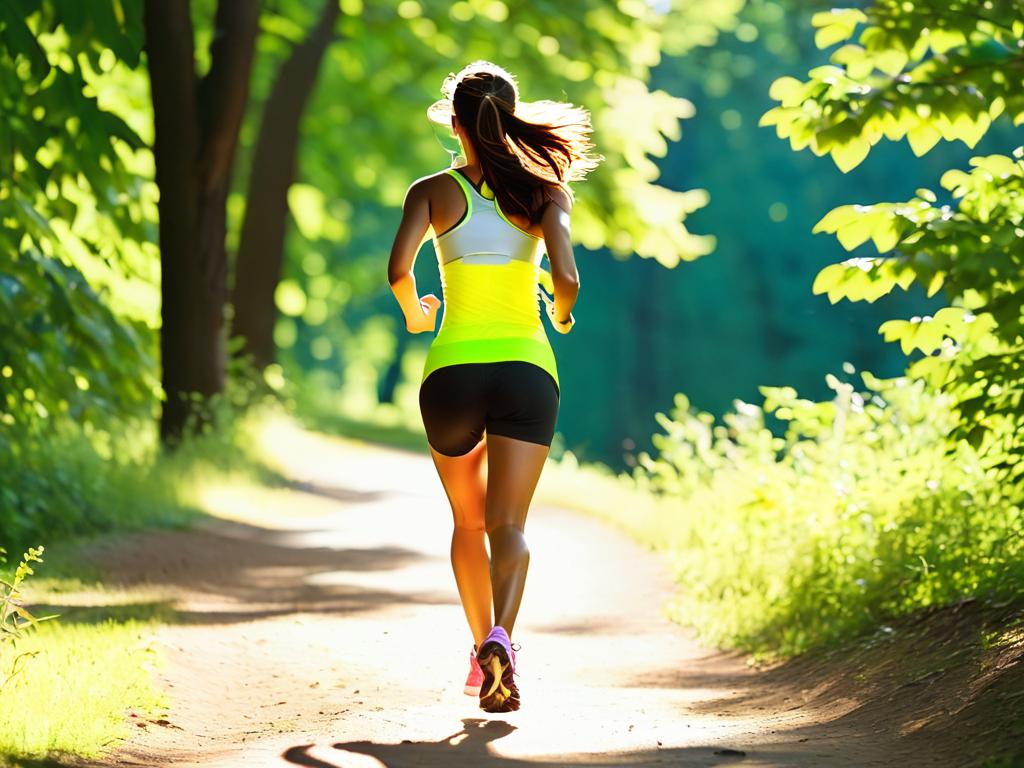 Женщина бегает по тропинке в парке в солнечный летний день