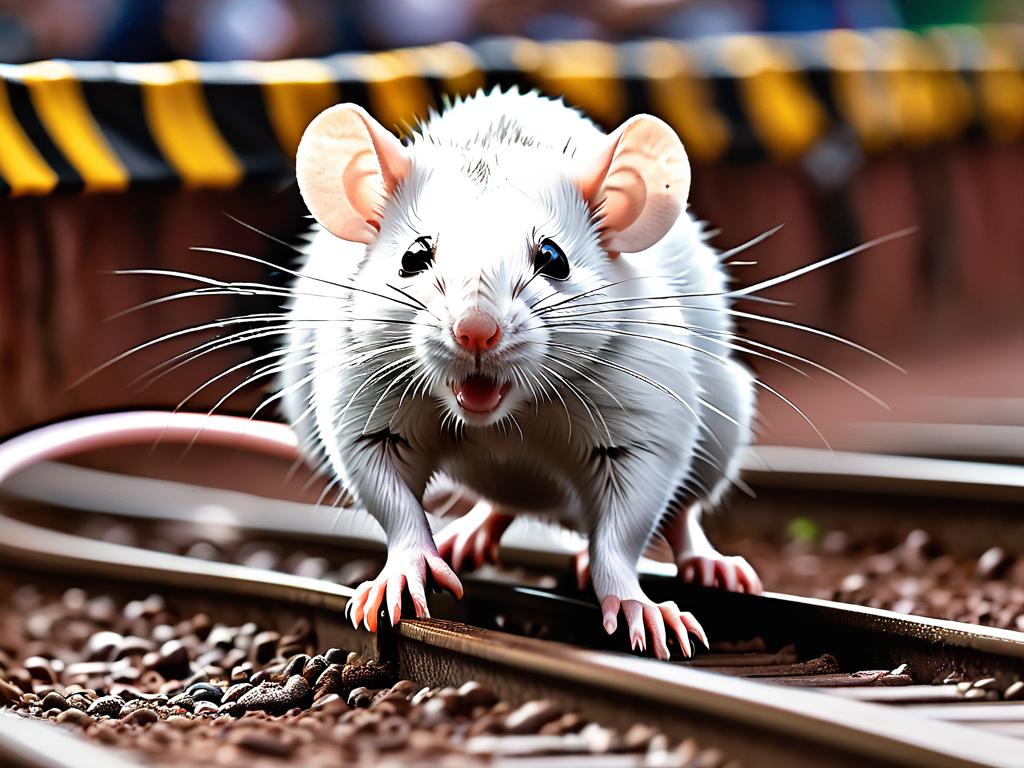 Белая металлическая крыса упорно движется к финишной черте, несмотря на препятствия