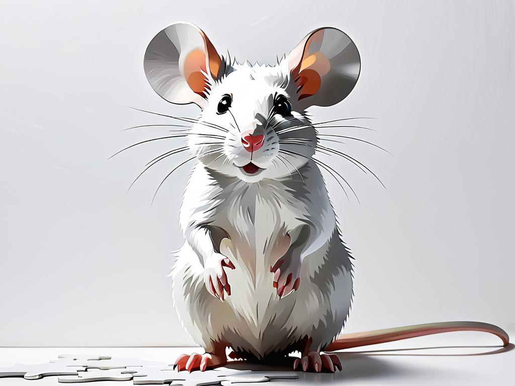 Белая металлическая крыса растерянно смотрит на чистый холст, не в силах нарисовать что-то