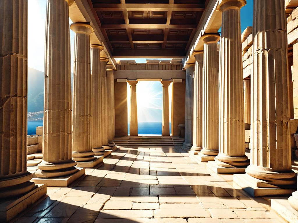 Интерьер древнегреческого храма с рядами колонн и лучом солнца сверху