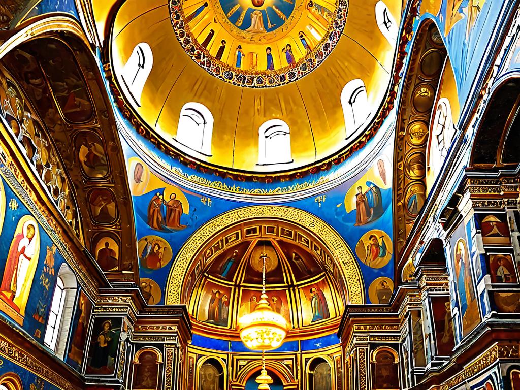 Интерьер православного собора с золотыми куполами и фресками
