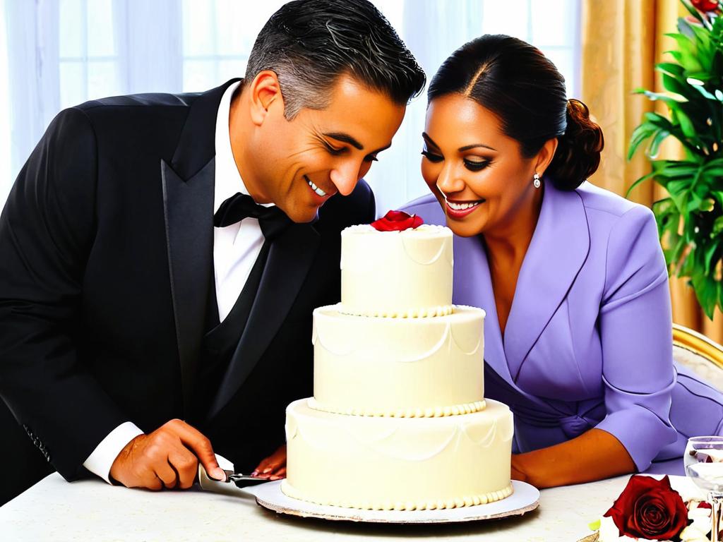Пара вместе режет торт на годовщину свадьбы