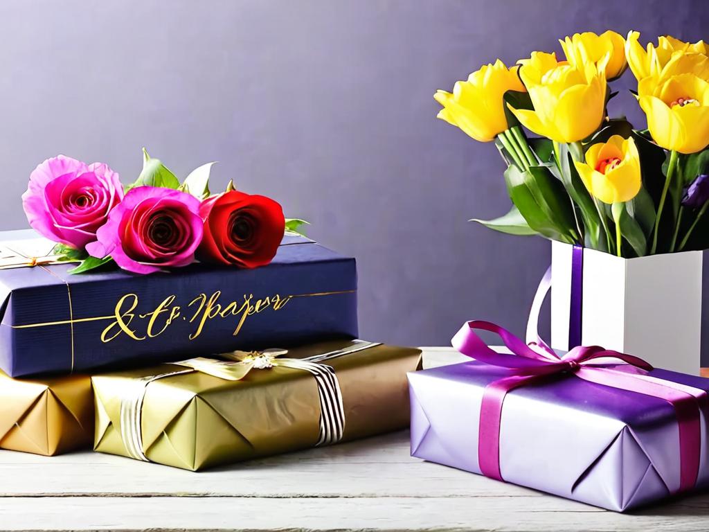 Разнообразные упакованные подарки к годовщине свадьбы на столе с цветами