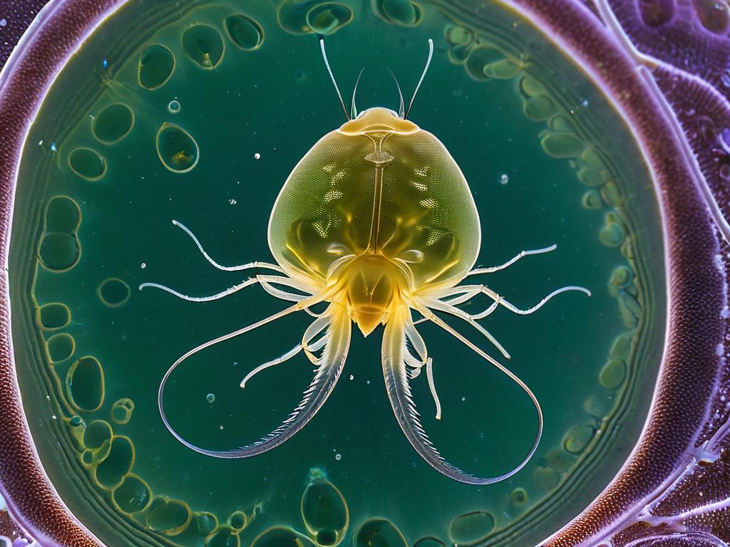 Фотография одной особи дафнии под микроскопом, детально показывающая строение