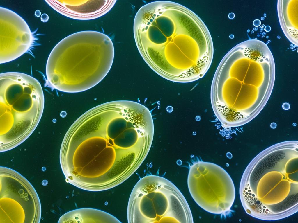 Фотография яиц и эмбрионов дафнии в выводковой камере самки