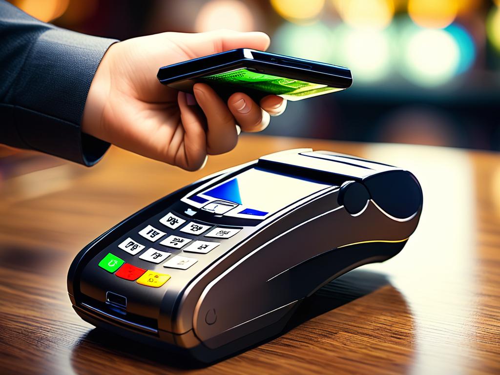 Оплата смартфоном через NFC, иллюстрирующая электронные деньги