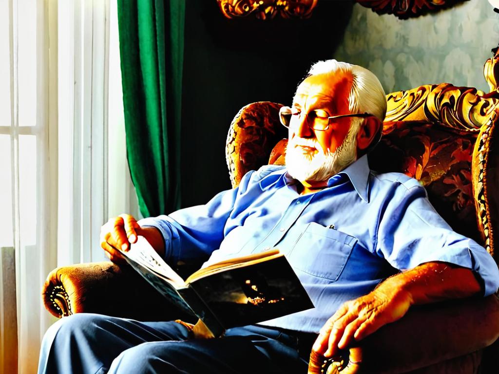 Пожилой дедушка сидит в кресле и смотрит старые фотографии