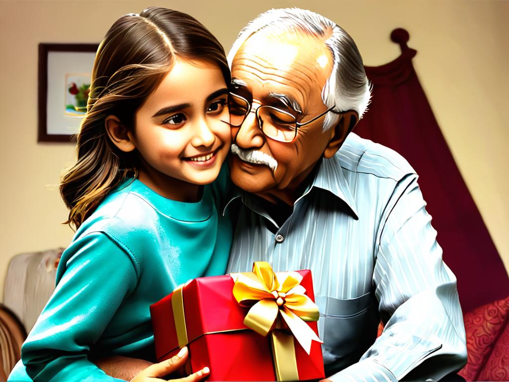 Девочка обнимает дедушку и дарит ему подарок