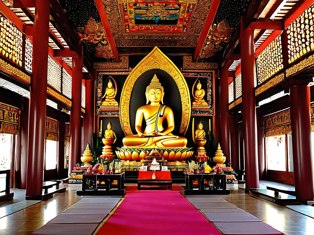Вид внутри храма с буддистской символикой и украшениями