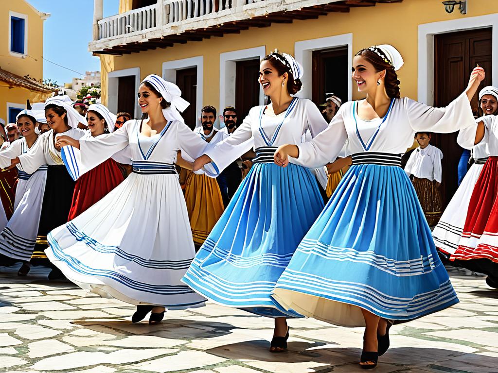 Греческий праздник именин в национальных костюмах с танцами