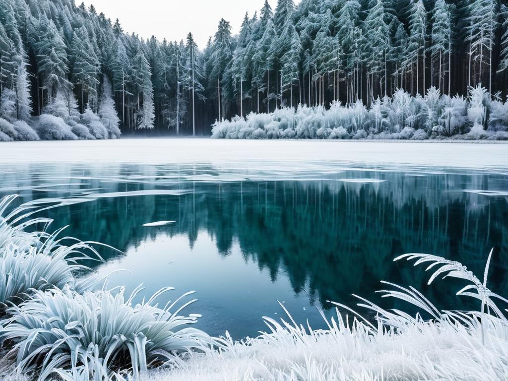 Замерзшее озеро в лесу с деревьями, покрытыми инеем во время холодной зимней погоды