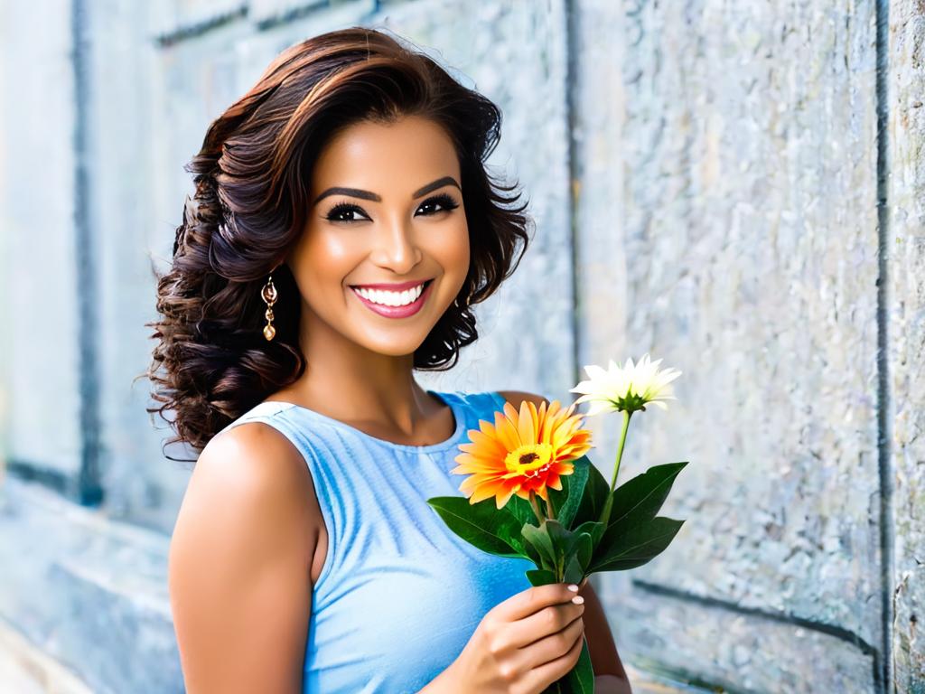 Красивая молодая женщина держит цветок и улыбается