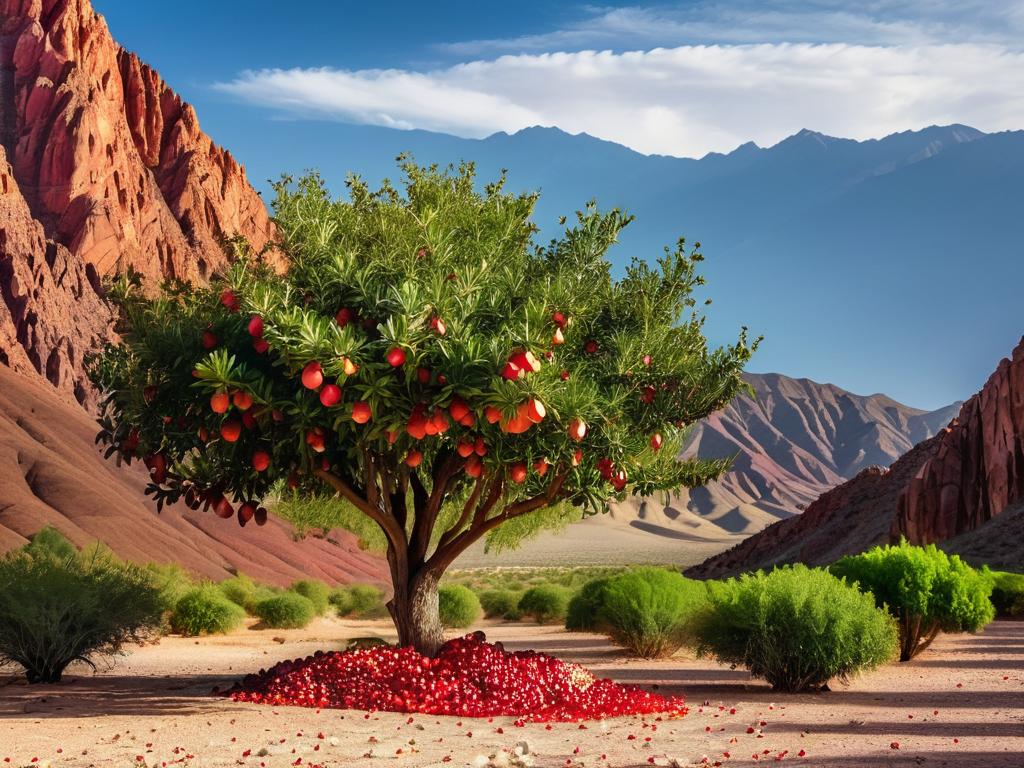 Дерево граната с плодами, растущее в засушливой пустынной долине с красными скалами
