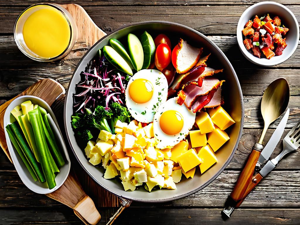 Домашний горячий куриный салат с беконом, яйцами, овощами и сыром в миске на деревянном фоне. Вид