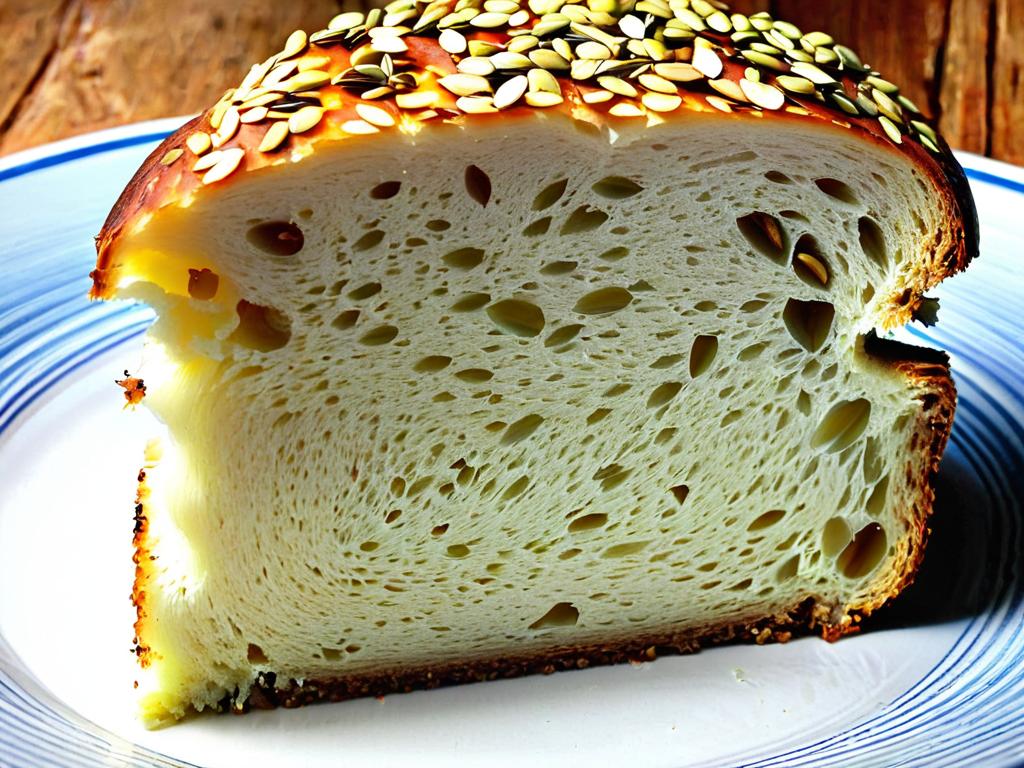 Ломтик свежеиспеченного Дарницкого хлеба с семечками сверху