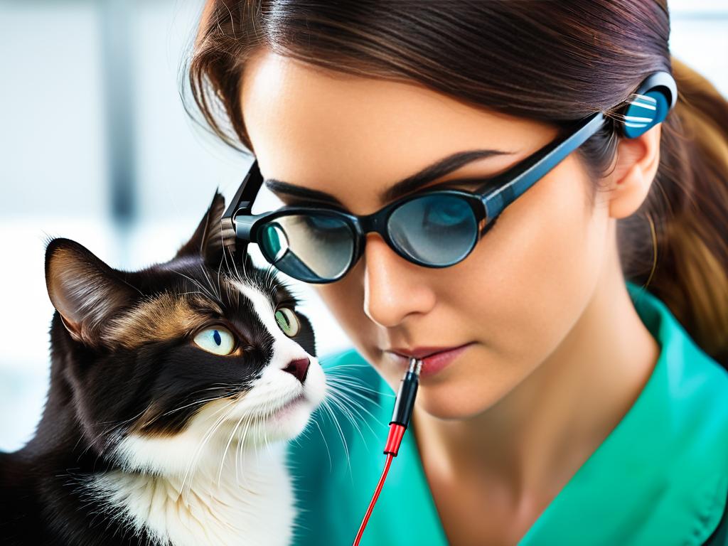 Ветеринарный врач осматривает глаза кошки с помощью офтальмоскопа на предмет признаков инфекции или
