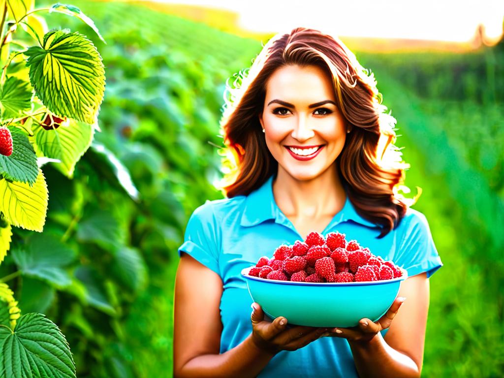 Женщина держит миску с ягодами малины сорта Гордость России