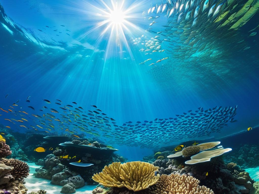Подводный риф в Красном море с кораллами, рыбами и солнечными лучами