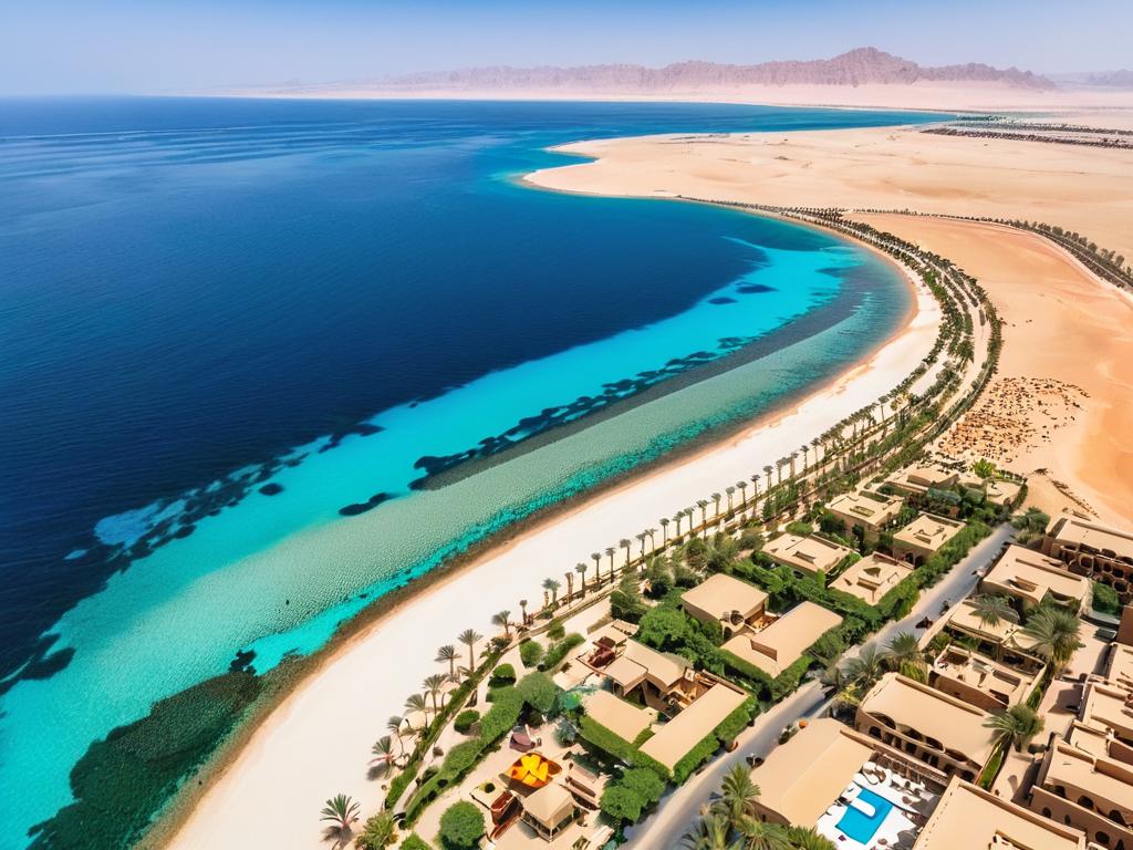 Панорама египетского побережья Красного моря с пляжем