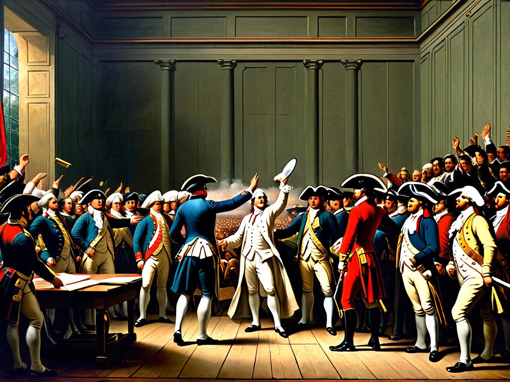 Картина, изображающая Клятву в зале для игры в мяч во время Французской революции, когда депутаты