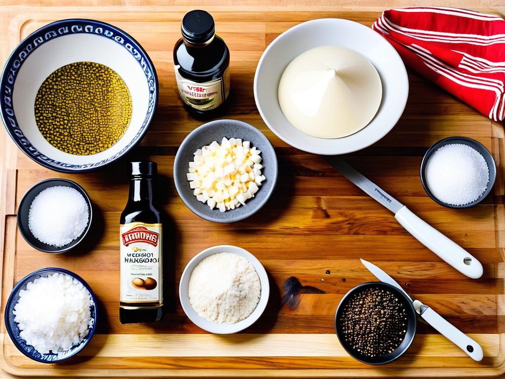 Ингредиенты для приготовления маринада - соевый соус, майонез, сахар, соль и перец