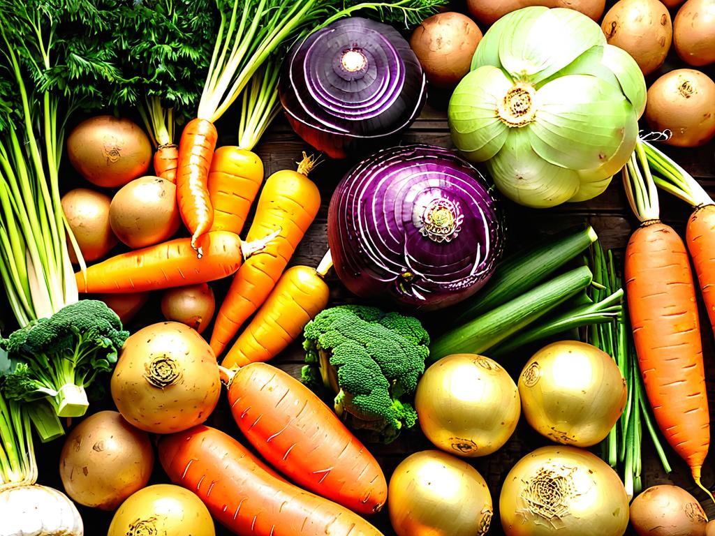 Разные овощи, такие как морковь, картофель, лук
