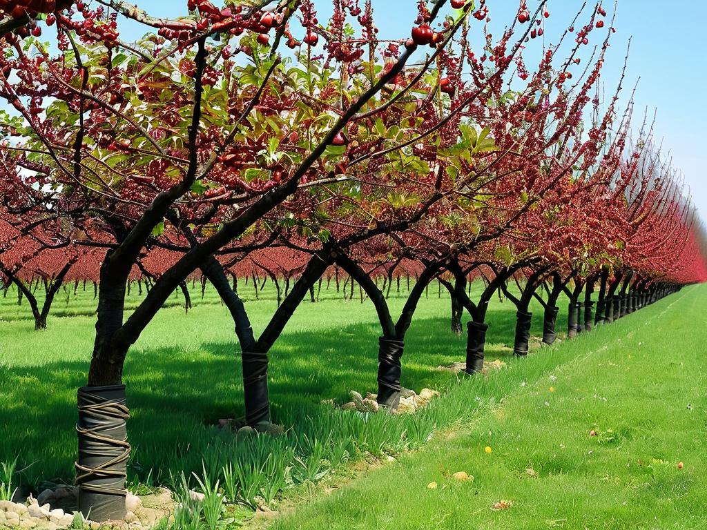 Ветки вишни Призвание привязаны к опорам в саду