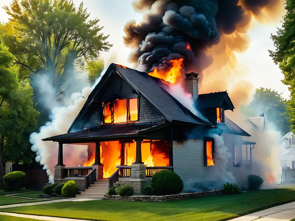 Горящий дом с пламенем и дымом днем
