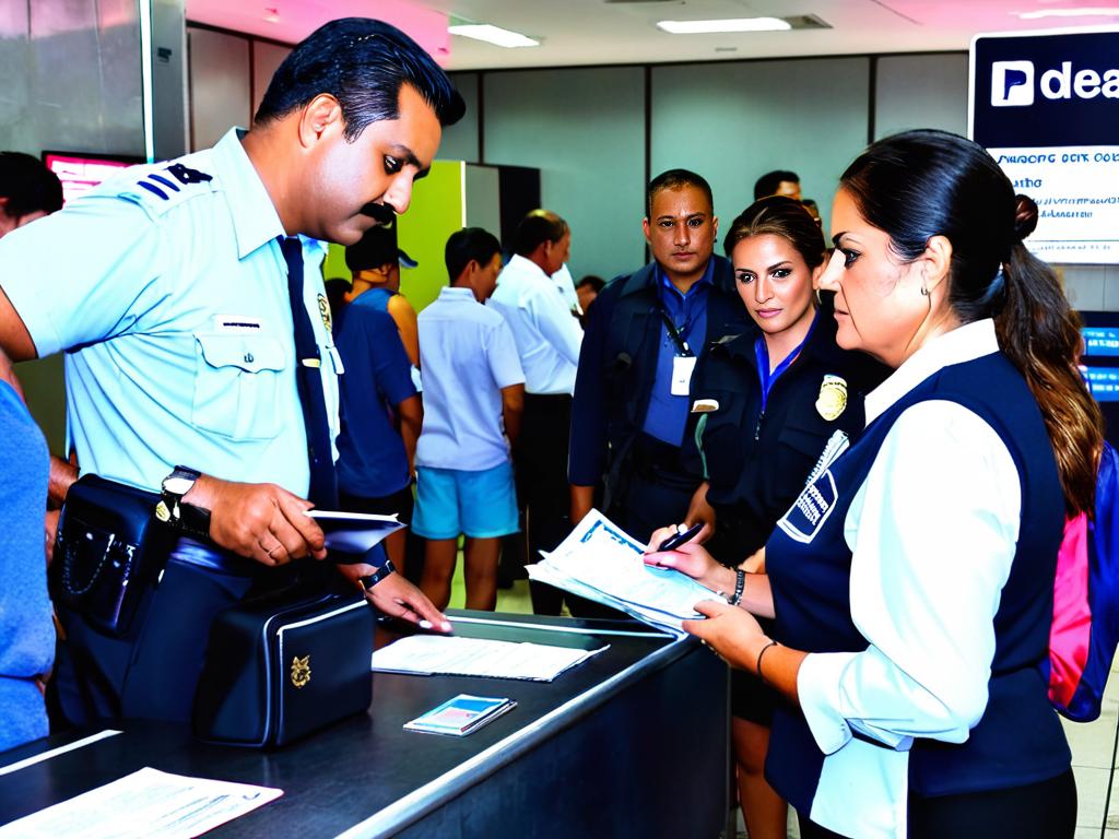 Пограничник проверяет документы туристов, въезжающих в Мексику.