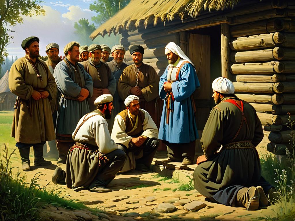 Картина, изображающая русских крестьян, стоящих на коленях перед помещиком и умоляющих о прощении и