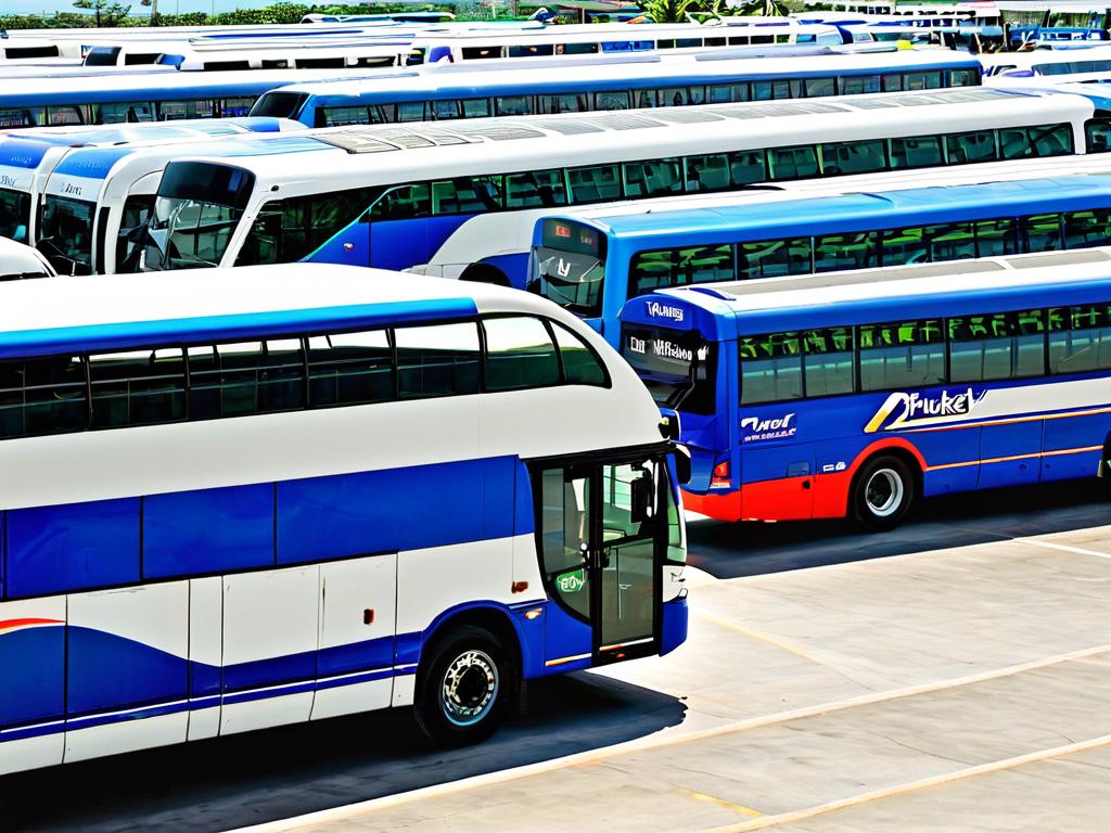 Автобусы для пассажиров у прилетного терминала аэропорта Пхукета