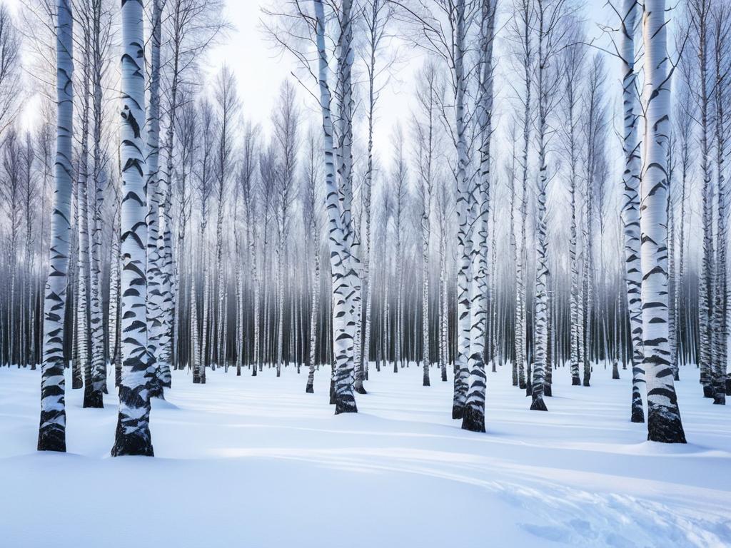 Заснеженный зимний лес с березами. Деревья покрыты снегом.