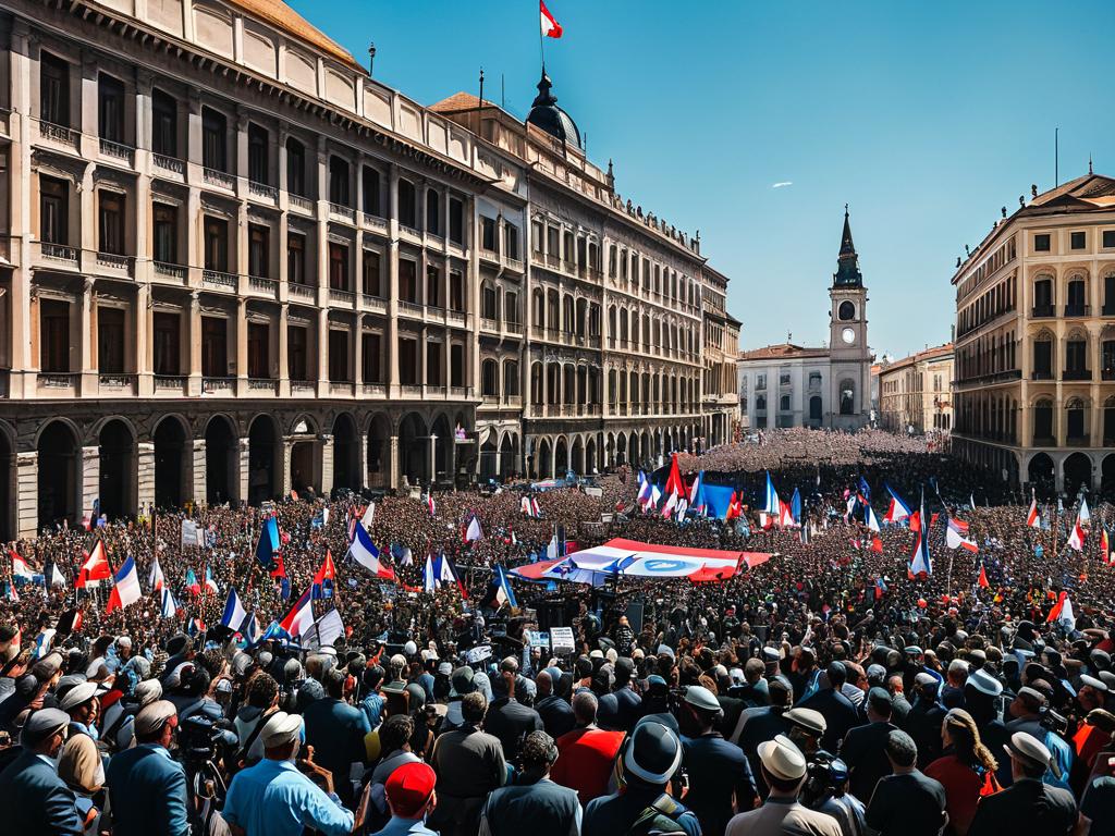 Площадь города с политическим митингом, журналисты освещают событие, что подразумевает