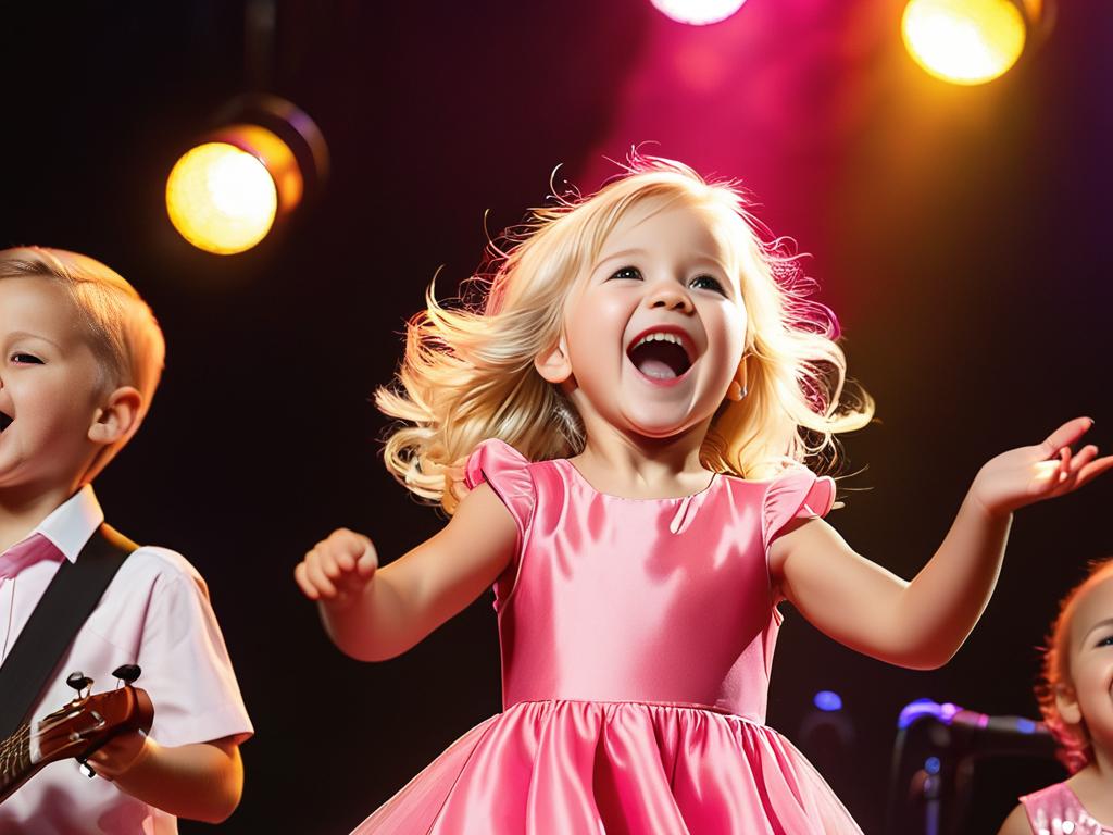 Маленькая блондинка в розовом платье танцует и поет на сцене в детском поп коллективе