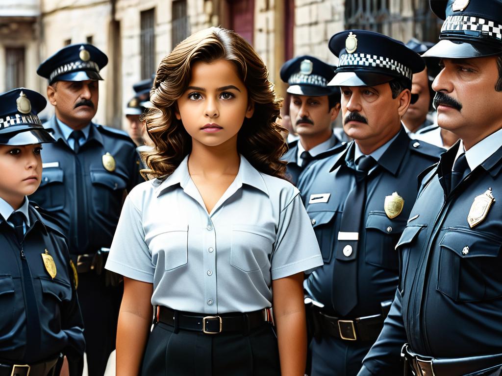 Кадр из детективного сериала с молодой актрисой Анастасией Ричи, беседующей с сотрудниками полиции