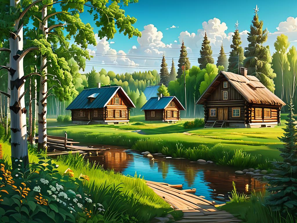 Иллюстрация русского сельского пейзажа с деревьями и деревянными домами
