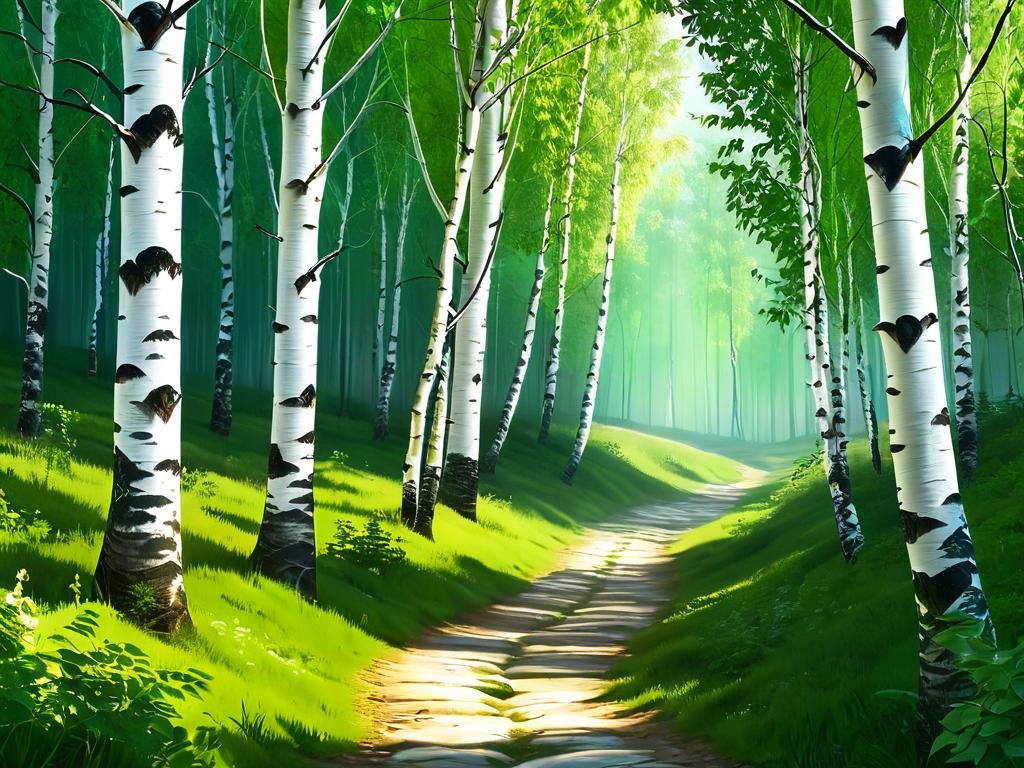Иллюстрация лесной тропинки среди берез