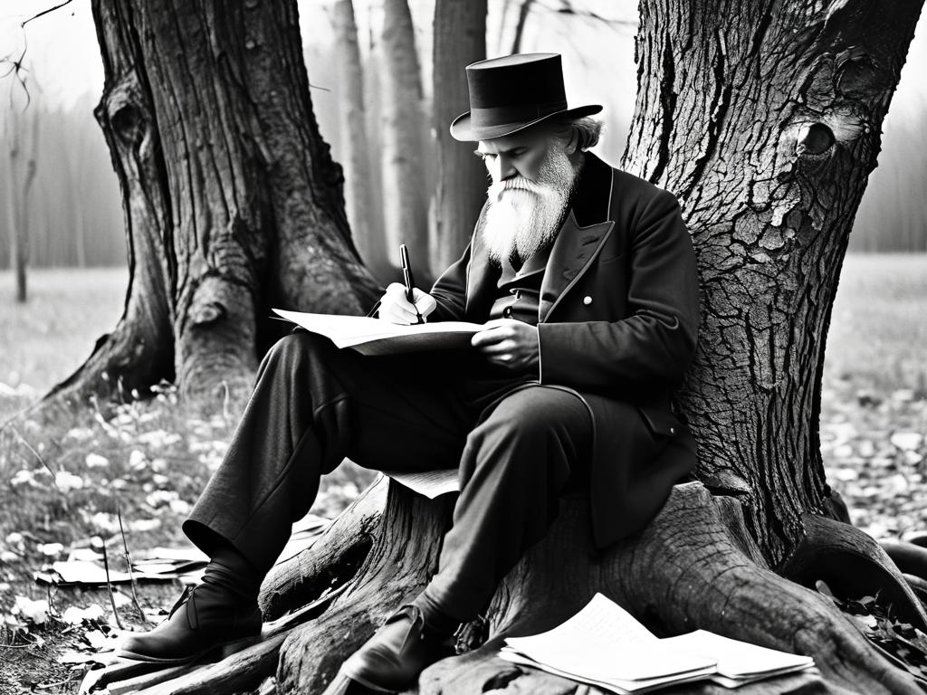 Толстой сидит на пне и пишет заметки к Анне Карениной на листках бумаги на природе