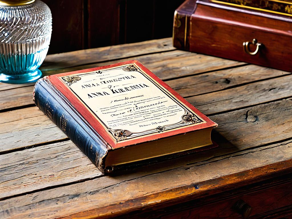 Старая книга романа Анна Каренина лежит на деревянном письменном столе