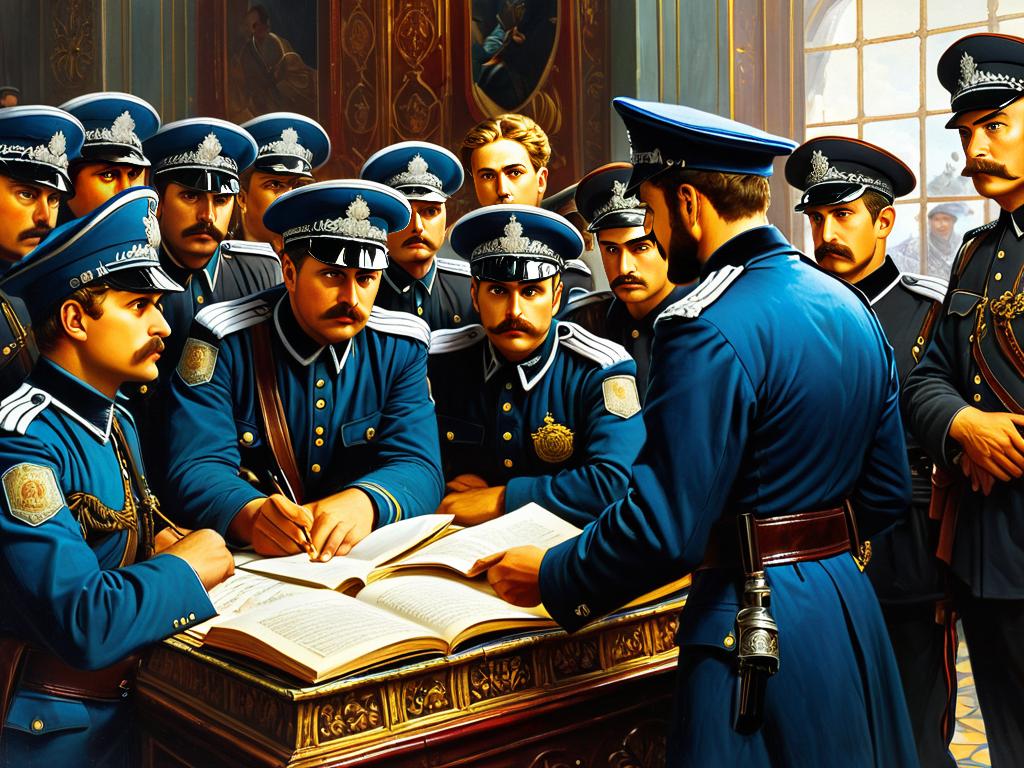 Картина, изображающая допрос молодых людей полицией царской России о запрещенной литературе