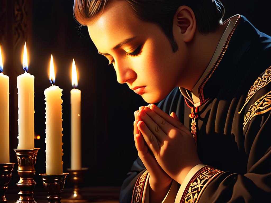 Человек молится зажигая свечу, как описано в стихотворении Лермонтова «Молитва»